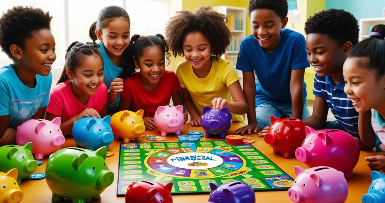 Crianças participando de atividades interativas de educação financeira com cofrinhos coloridos e jogos de tabuleiro