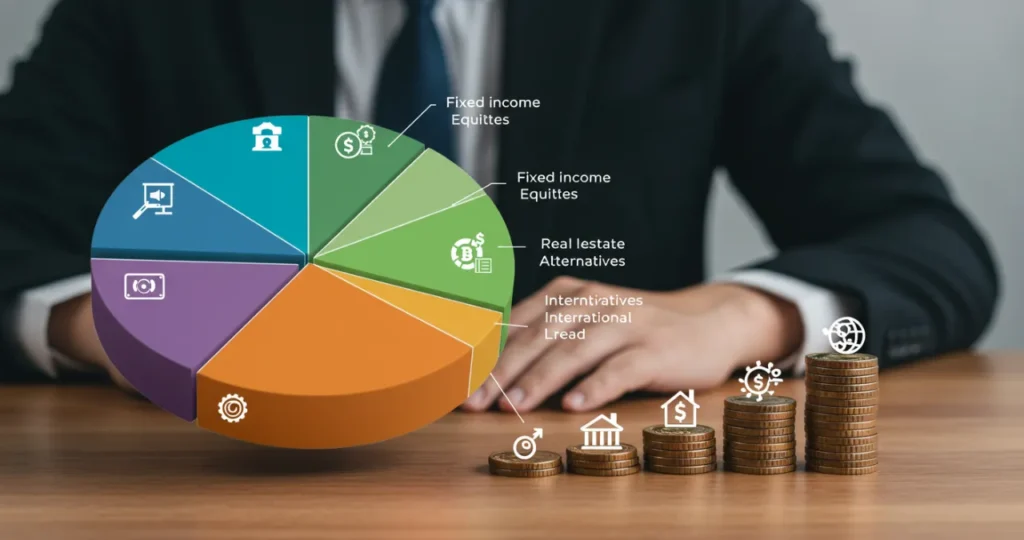 Diferentes classes de ativos para investimentos diversificados em um gráfico de alocação
