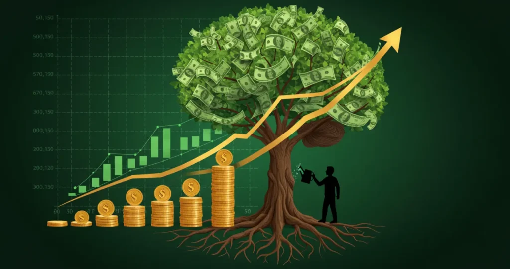 Crescimento financeiro e mental ilustrando o poder da mente nos investimentos