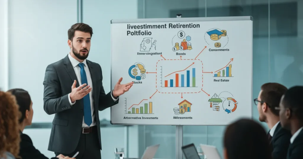 Diversificação de investimentos para aposentadoria mostrando diferentes classes de ativos