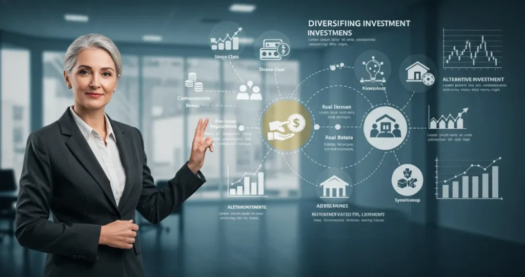Diversificar investimentos para aposentadoria, mostrando diferentes classes de ativos