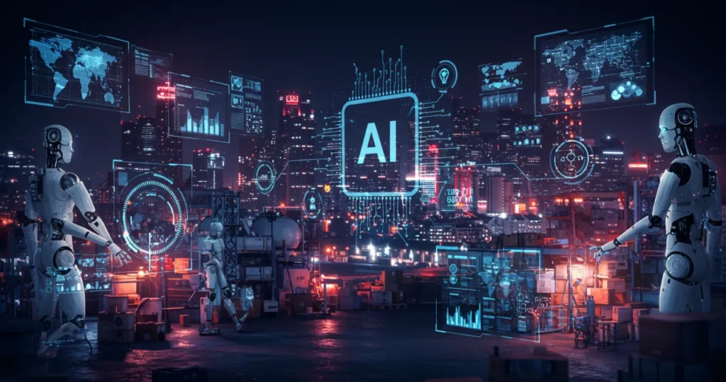 Inteligência artificial transformando a economia global com robôs e interfaces digitais avançadas