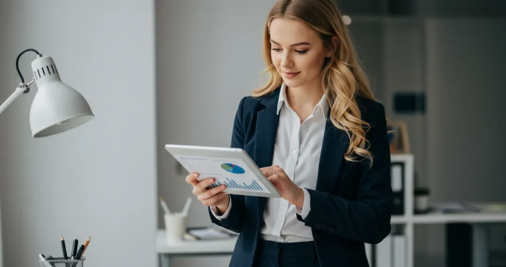 Jovem mulher analisando gráficos de investimentos para planejamento da aposentadoria em tablet