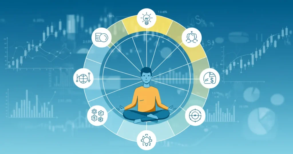 Pessoa meditando cercada por gráficos, representando o poder da mente controlada