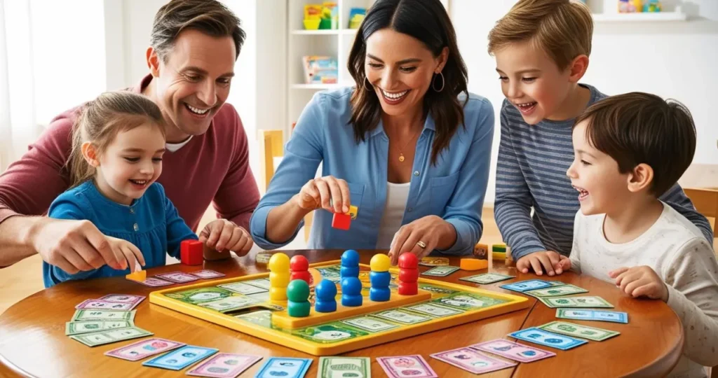 Família jogando jogos de tabuleiro financeiros como atividades interativas de aprendizado econômico