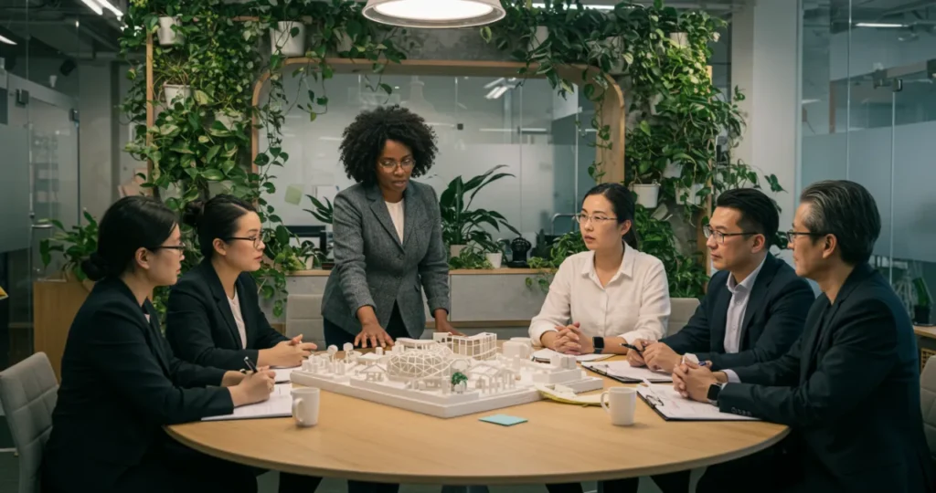 Líder promovendo Equilíbrio e Sustentabilidade através de colaboração em equipe diversificada em ambiente corporativo ecológico