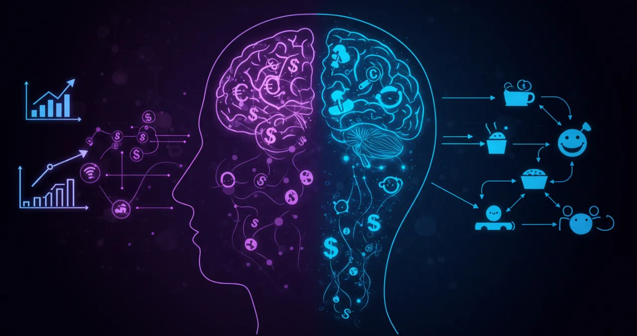 O poder da mente influenciando decisões de investimento com cérebro e símbolos financeiros