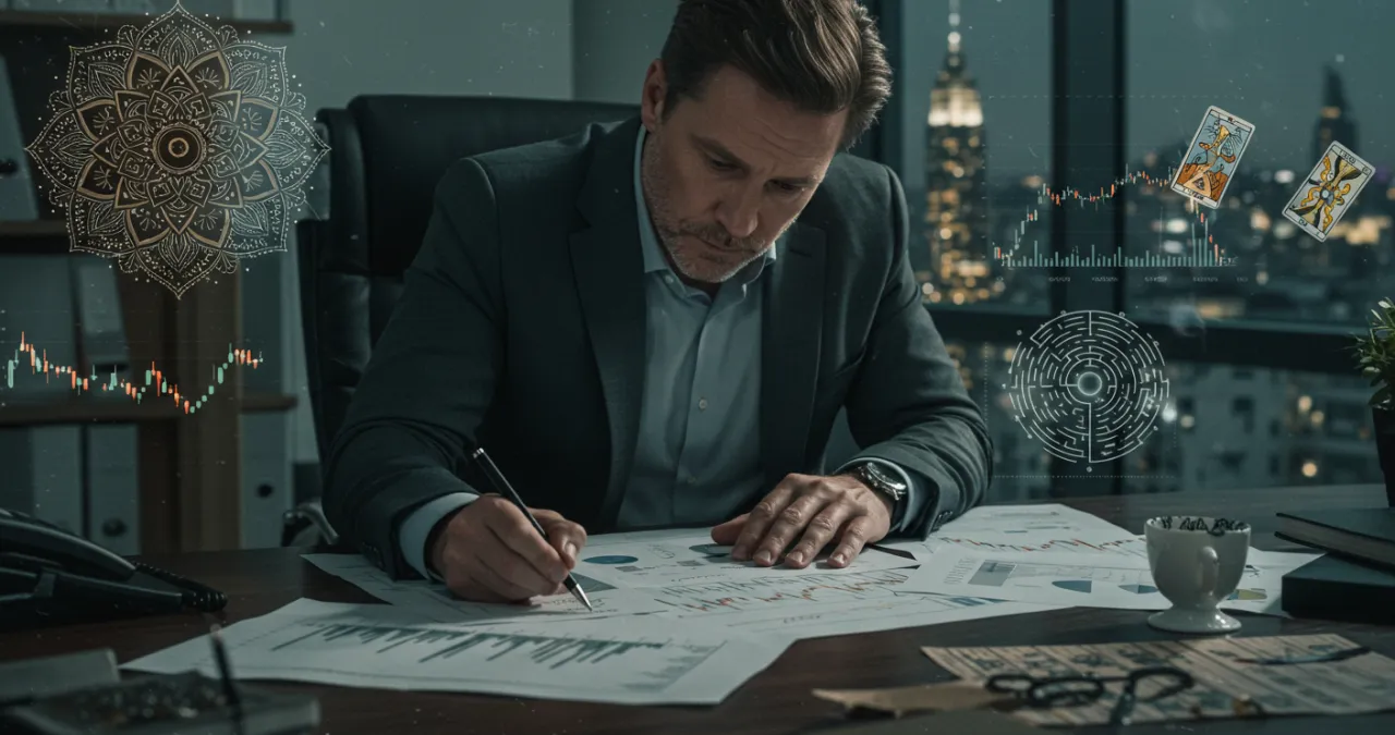 Desvendando a mente do investidor: homem analisando gráficos financeiros com símbolos psicológicos