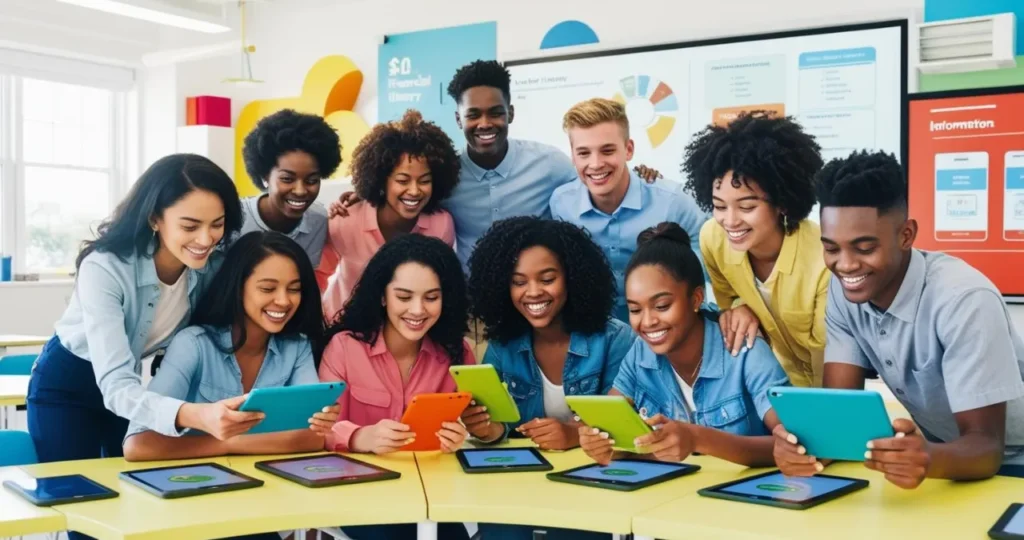 Educador ensinando educação financeira para jovens em sala de aula interativa