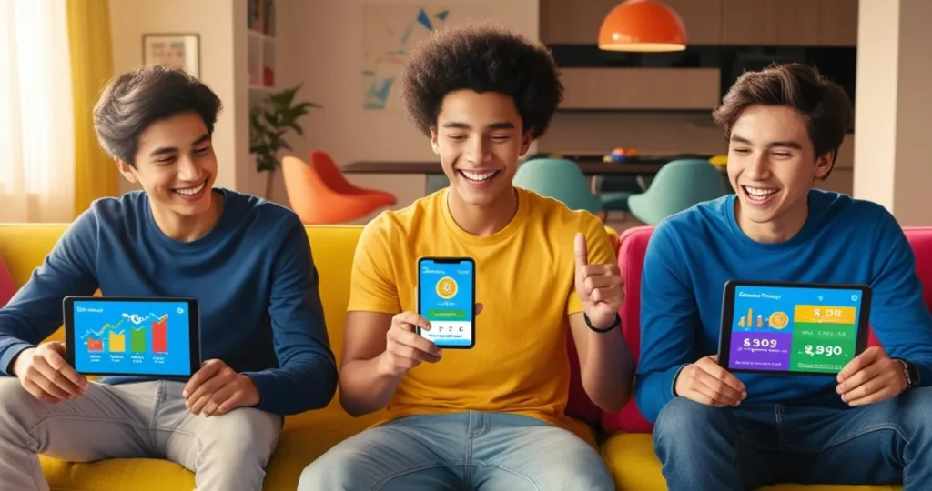 Jovens utilizando aplicativos de educação financeira em dispositivos móveis