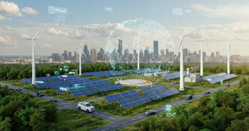 Transição energética na economia global com painéis solares, turbinas eólicas e carros elétricos