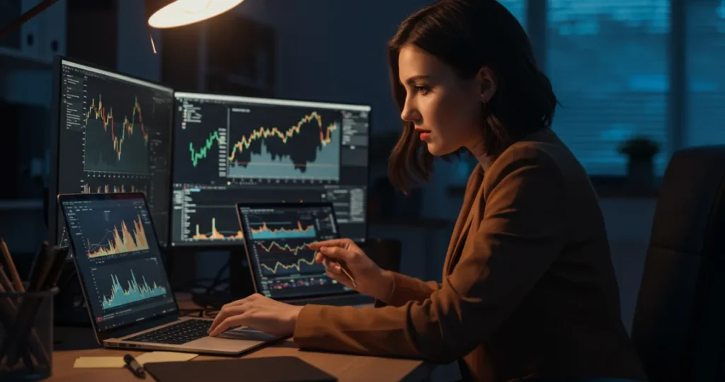 Pessoa analisando gráficos financeiros para organizar suas finanças e tomar decisões baseadas em dados