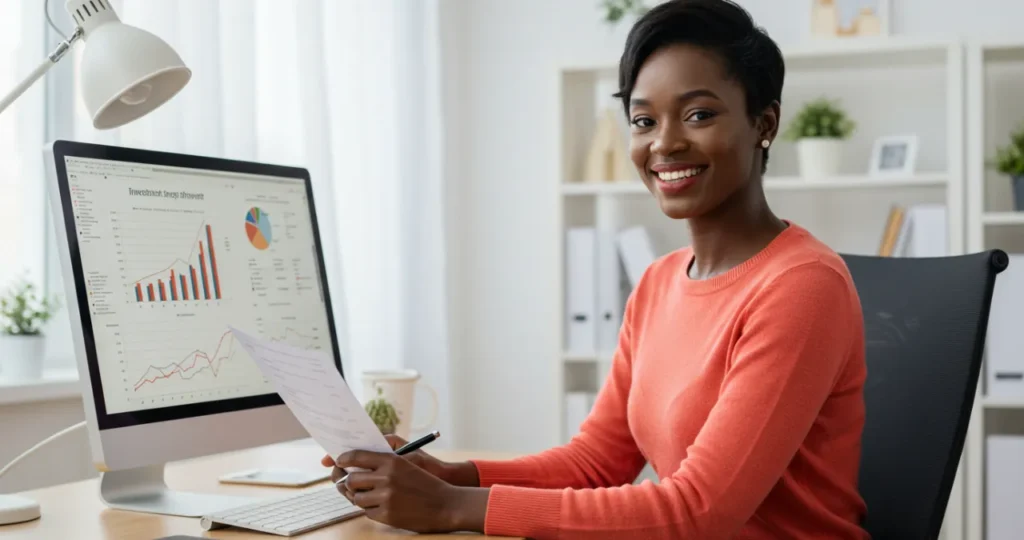 Profissional autônomo sorridente em frente a um computador com gráficos de crescimento de investimentos para aposentadoria