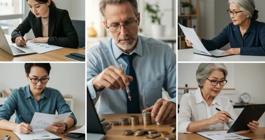 Colagem mostrando diversas pessoas de diferentes idades implementando estratégias financeiras adequadas às suas fases de vida