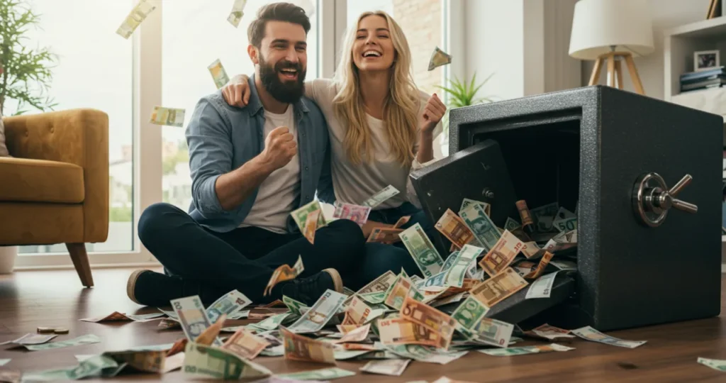 asal celebrando conquista financeira com cofre quebrado e notas de dinheiro