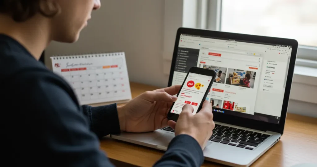 Pessoa utilizando smartphone e laptop para comparação de preços antes de datas comemorativas