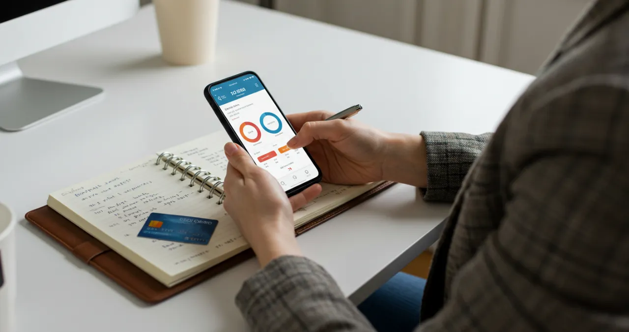 Pessoa organizando finanças e controlando gastos no cartão de crédito com aplicativo em smartphone e caderno de anotações