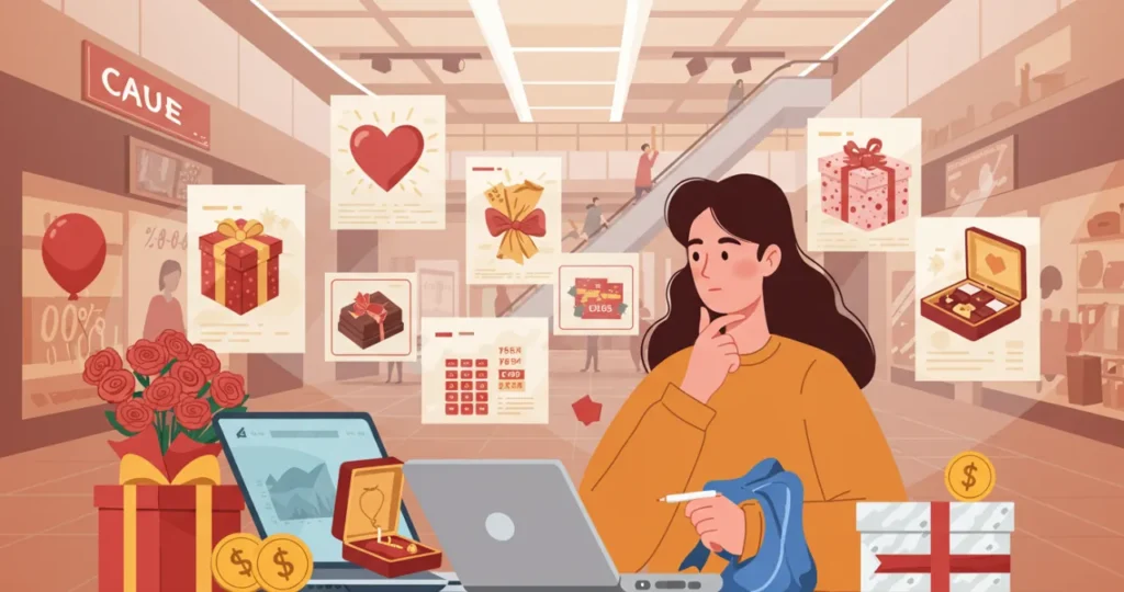 Consumidor analisando opções de compra para datas comemorativas com consciência financeira