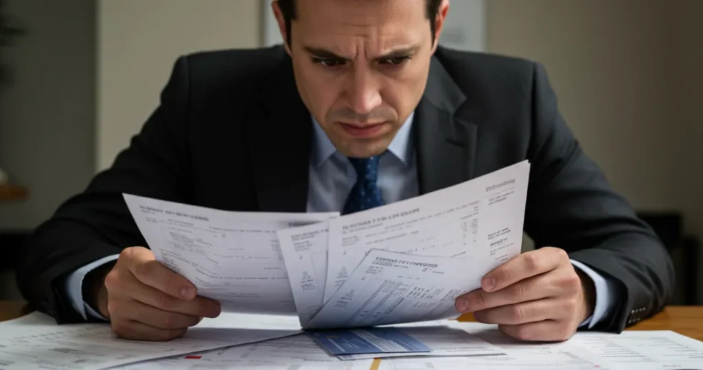Pessoa estressada analisando múltiplas faturas de cartão de crédito com expressão de preocupação