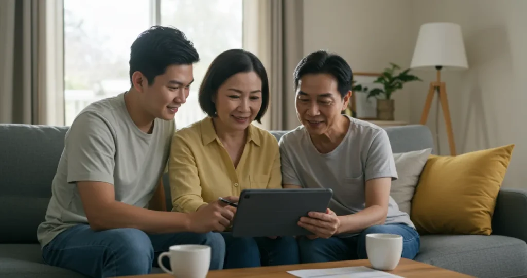 Família feliz revisando juntos suas finanças organizadas em planilha simples no tablet