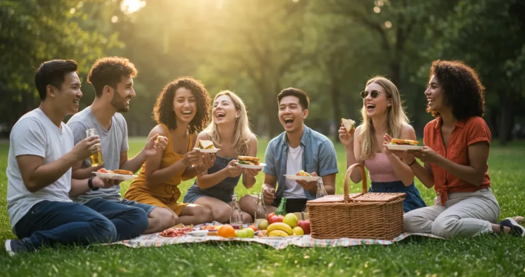 Família feliz aproveitando momentos de qualidade sem gastos excessivos, demonstrando liberdade financeira