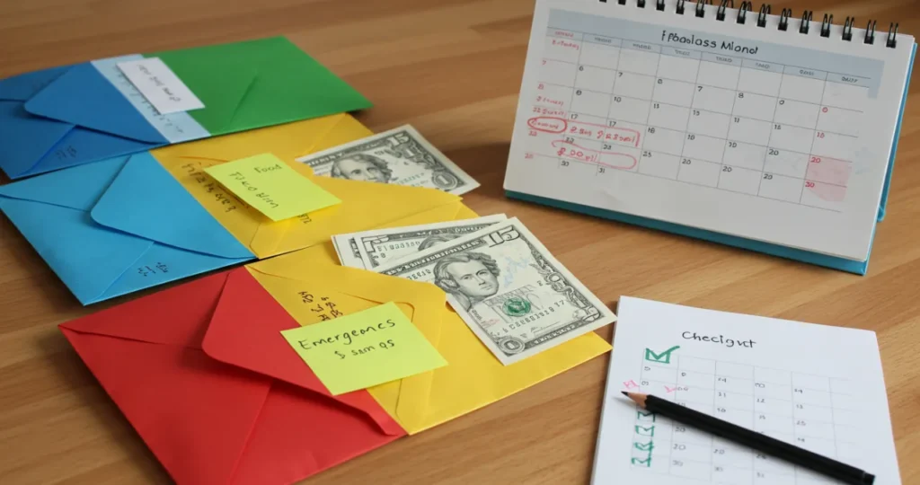 Sistema de orçamento pessoal simplificado com envelopes coloridos representando diferentes categorias financeiras.