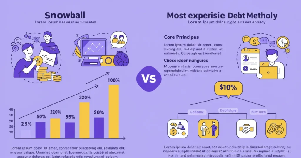 Ilustração comparativa dos métodos da bola de neve e da dívida mais cara para eliminar dívidas eficientemente.