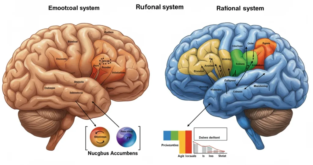 Ilustração cerebral mostrando áreas ativadas durante decisões de compra na psicologia do consumo, destacando sistema emocional e racional