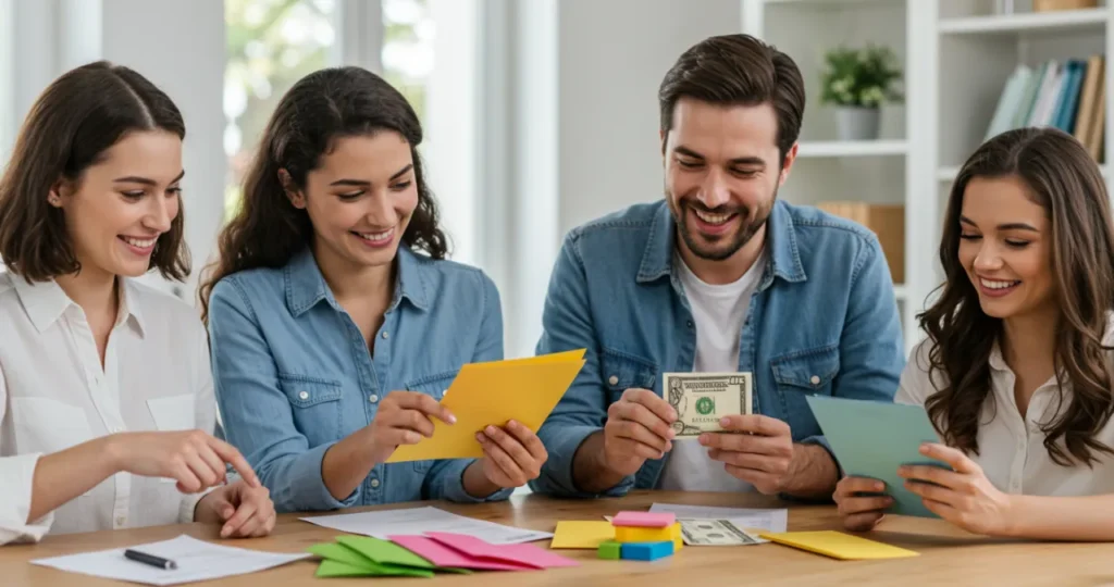 Família sorridente separando dinheiro em envelopes coloridos para diferentes categorias de orçamento doméstico