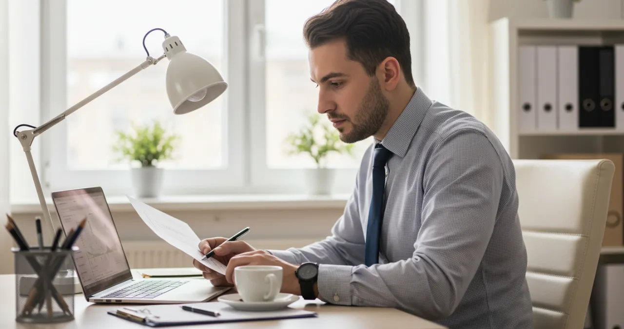 Profissional autônomo organizando suas finanças com notebook, planilhas e café em um ambiente de home office acolhedor