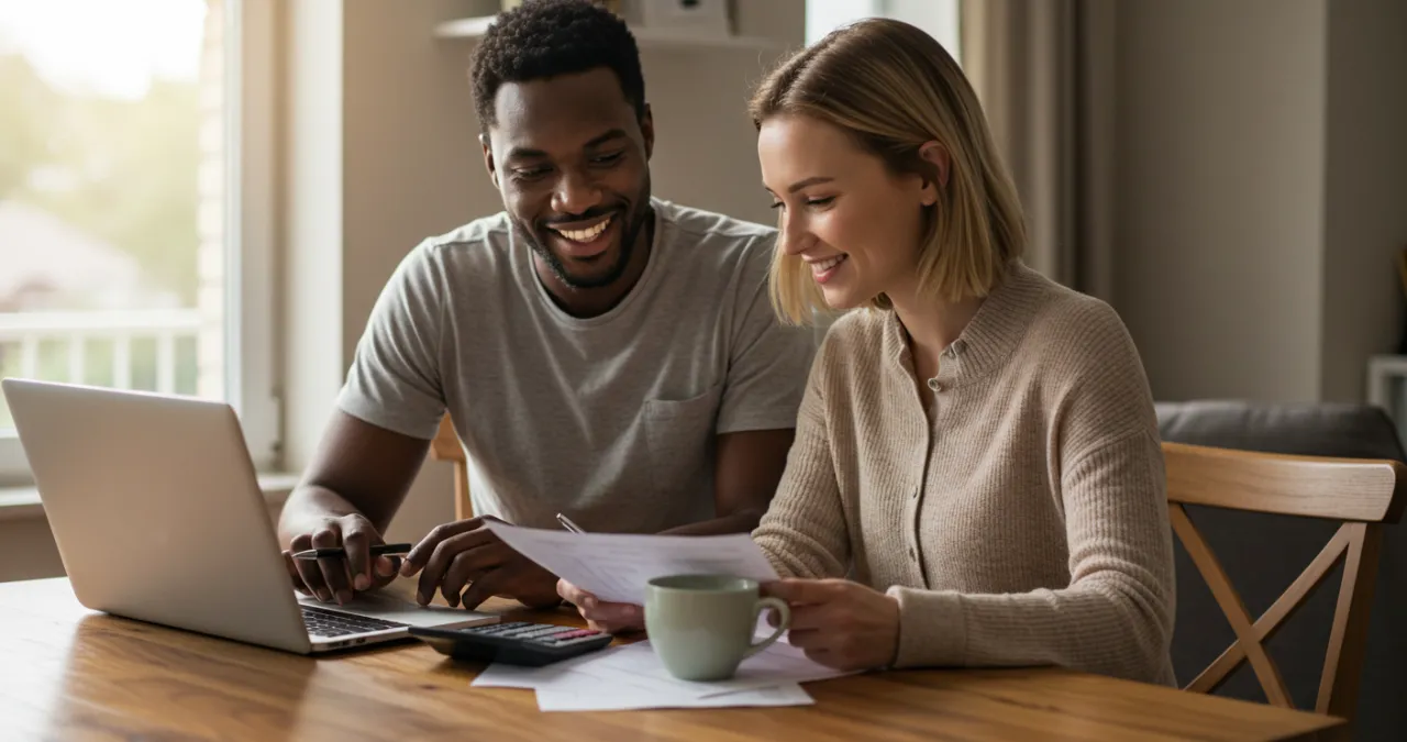 panejamento para Casal, sorridente planejando finanças juntos com café, calculadora e laptop em mesa aconchegante