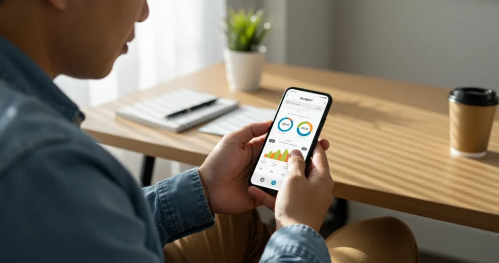 Pessoa construindo fundo de emergência enquanto monitora orçamento em smartphone, demonstrando hábitos financeiros saudáveis após eliminar dívidas.