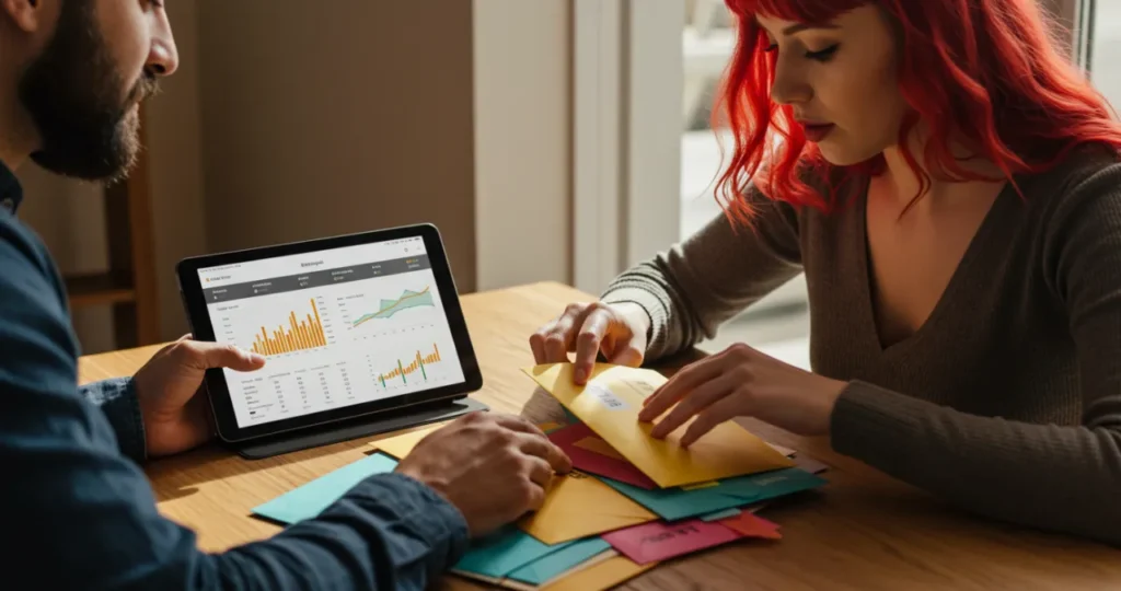 Casal organizando finanças com envelopes coloridos e aplicativo financeiro no tablet