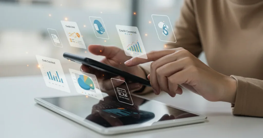 Pessoa utilizando múltiplos aplicativos de gestão financeira e controle de cartão de crédito em dispositivos móveis
