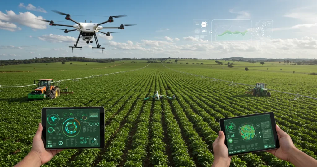 Tecnologia agrícola moderna com drones e sistemas digitais para ideias de negócios lucrativos no agronegócio