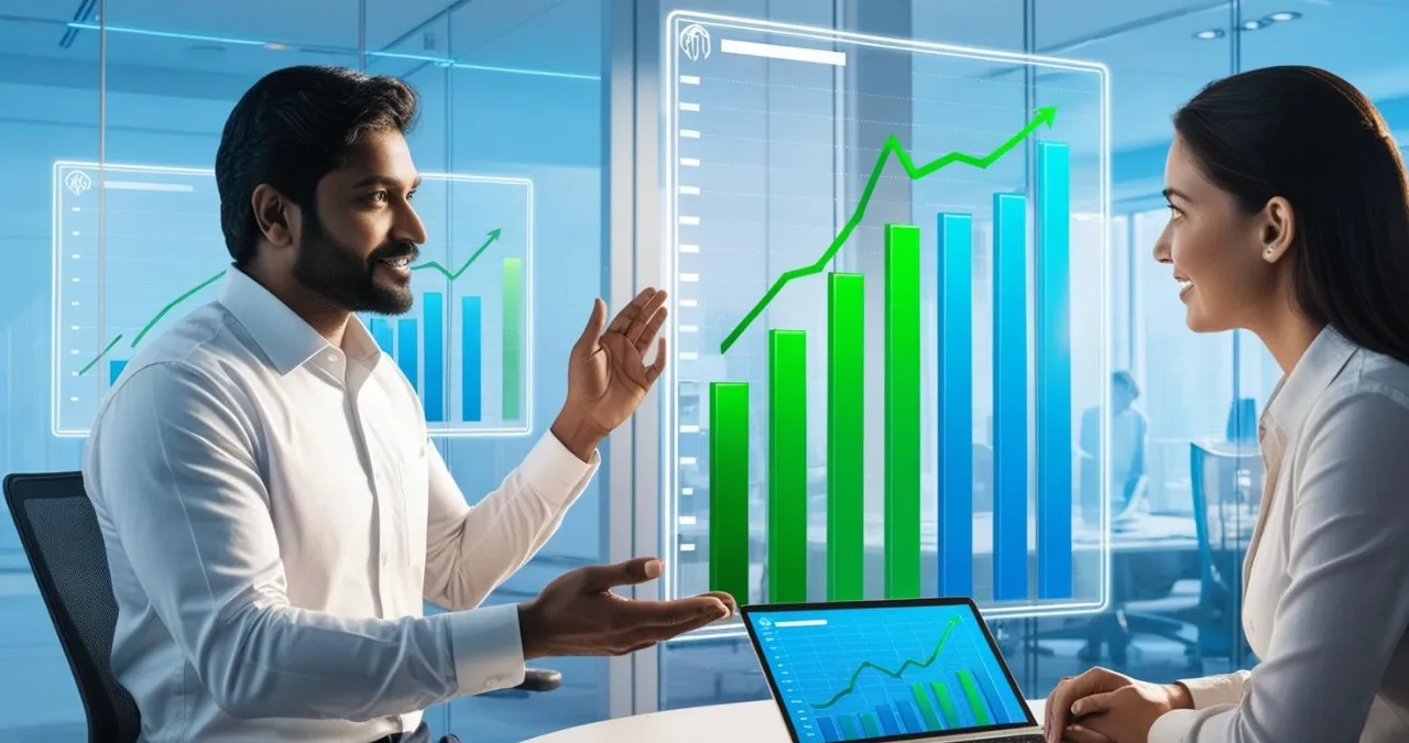 Gráficos crescentes do desempenho da economia com analista avaliando dados econômicos em tela digital