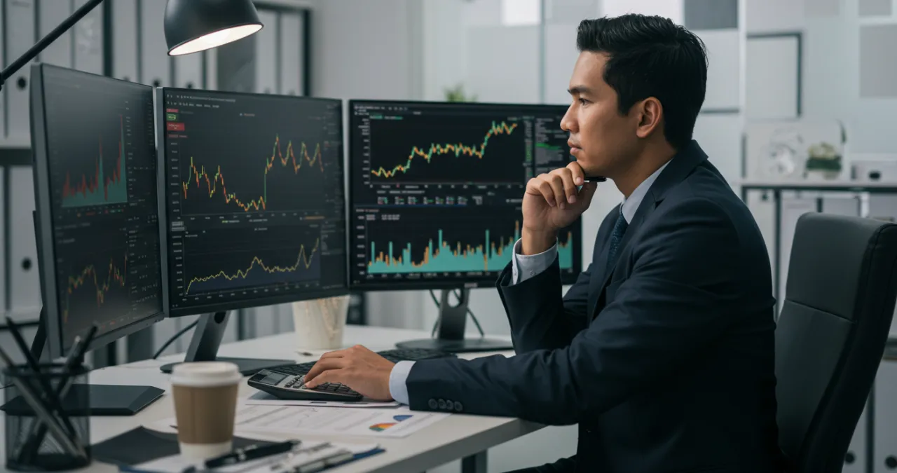 Investidor analisando ações com dividendos em gráficos financeiros no escritório