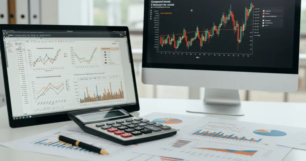 Calculadora e planilha mostrando cálculos de projeção com juros compostos