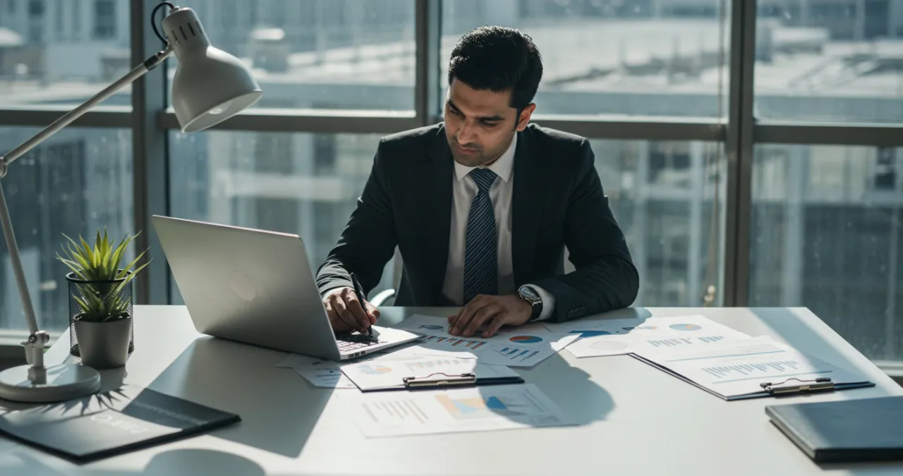 Empresário elaborando plano de negócios profissional com gráficos financeiros