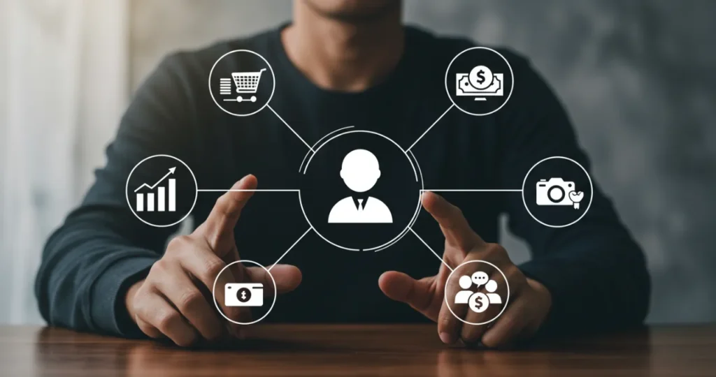 Diversas fontes de renda conectadas a uma pessoa, como investimentos, negócios online e freelas