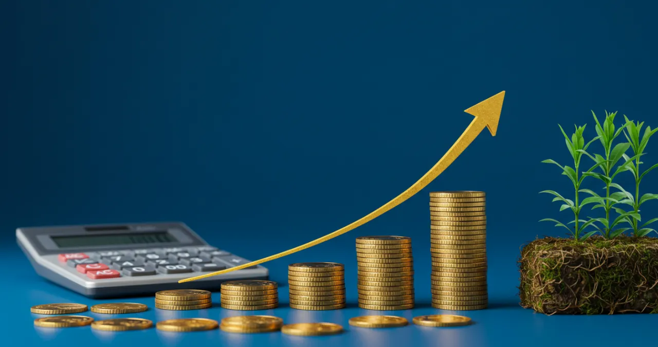 Gráfico mostrando crescimento exponencial dos juros compostos com moedas empilhadas e calculadora