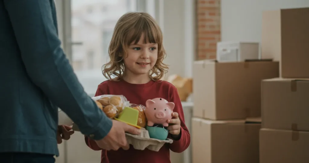 Família praticando a magia do cofrinho com o aspecto de doação