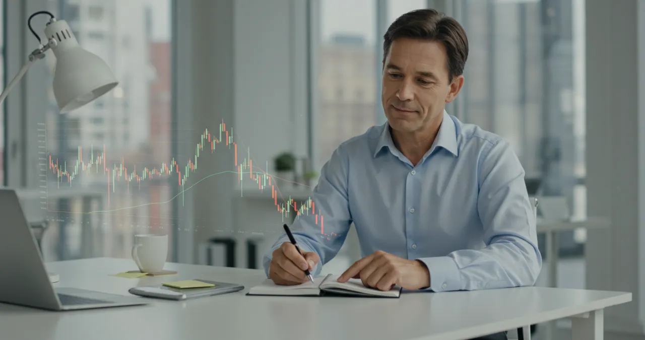 Pessoa tranquila analisando planilha de controle nas finanças com expressão serena