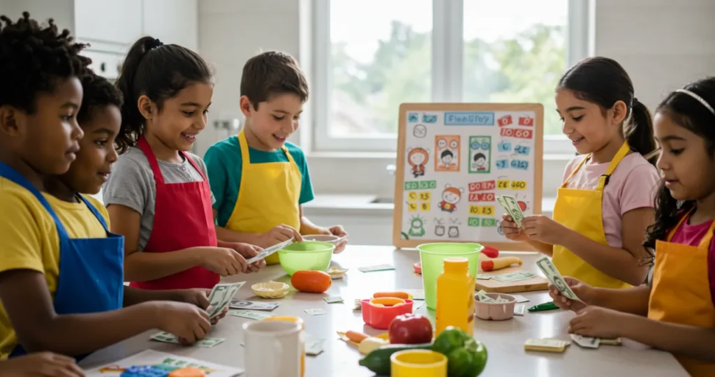 Crianças cozinhando e aprendendo sobre dinheiro e diversão calculando custos de ingredientes.