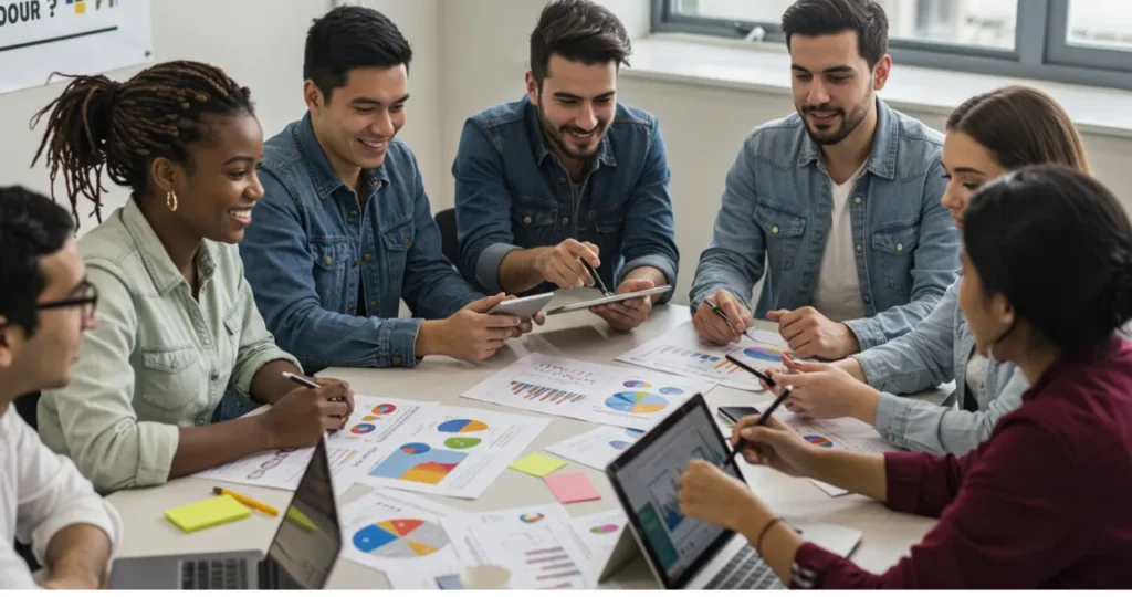 Jovens investindo no futuro coletivamente usando aplicativos financeiros e plataformas digitais