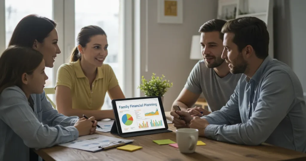Família conversando sobre planos financeiros e controle nas finanças em casa