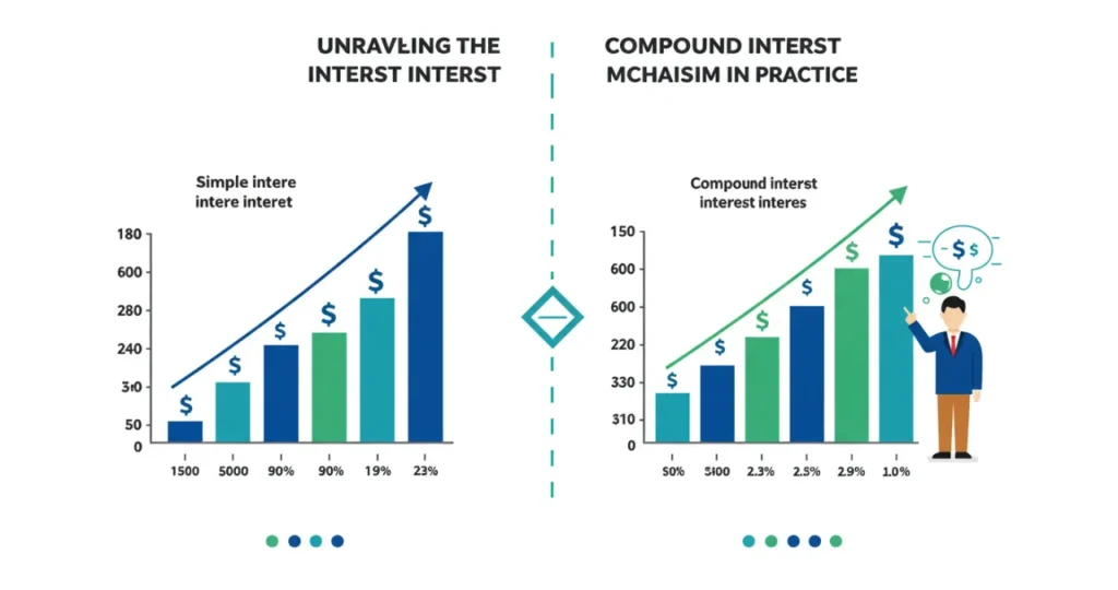 Comparativo visual entre juros simples e juros compostos mostrando crescimento exponencial