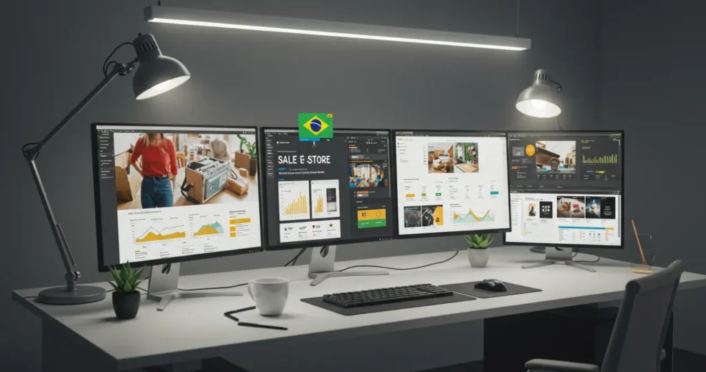 Workspace de e-commerce mostrando painéis de loja virtual e analytics para ideias de negócios lucrativos digitais