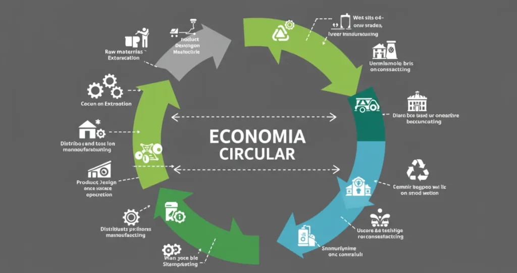 Infográfico da economia circular mostrando modelos de negócios sustentáveis e fluxo de recursos