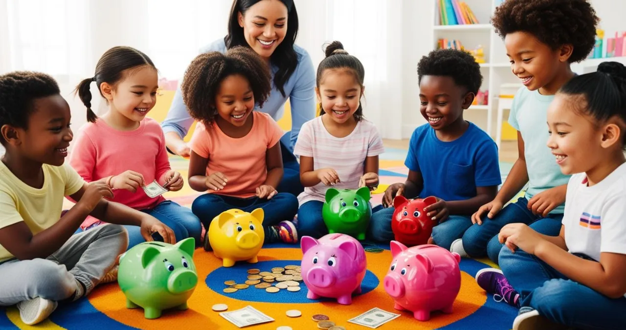 Crianças aprendendo sobre dinheiro e diversão com cofrinhos coloridos e notas de brinquedo.